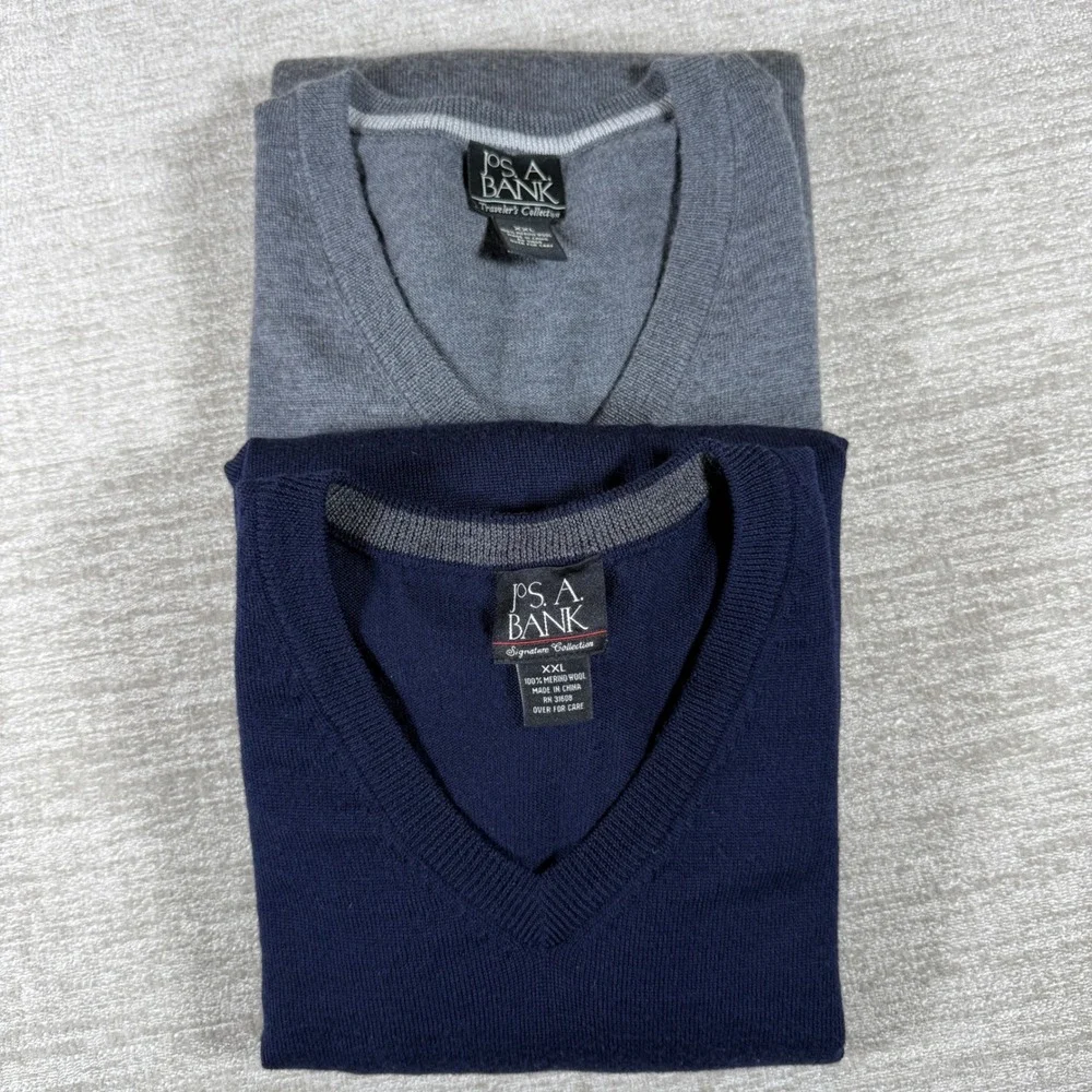 2 Pack Lot!  Jos. A. Bank V-Neck Sweater Mens XXL Navy Grey 100% Merino Wool